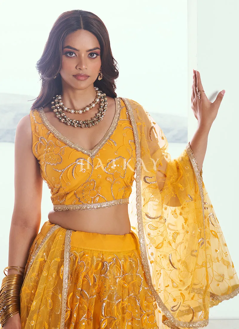 Yellow Embroidered Party Wear Lehenga Choli