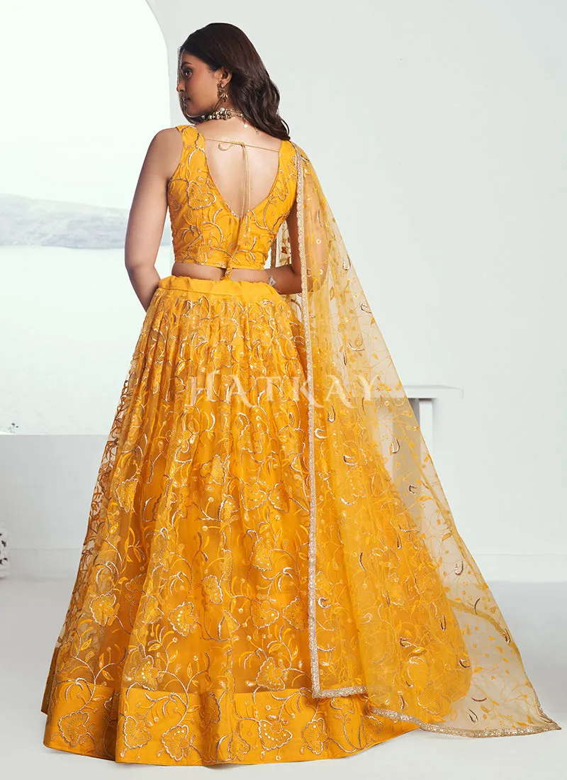 Yellow Embroidered Party Wear Lehenga Choli
